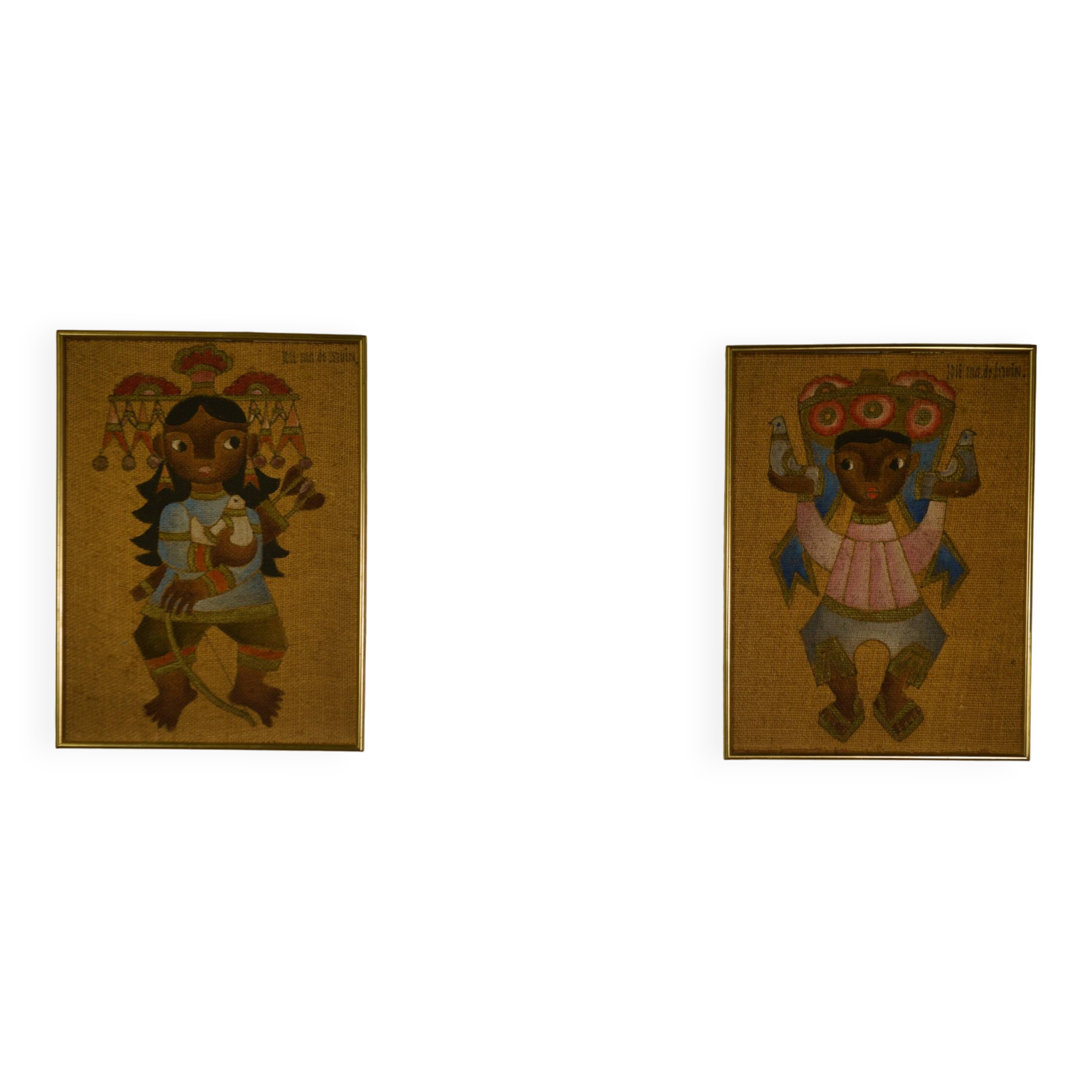 Pair of canvases on jute, ethnic art, framed by Trousson et Cie, Roubaix, 1970s.