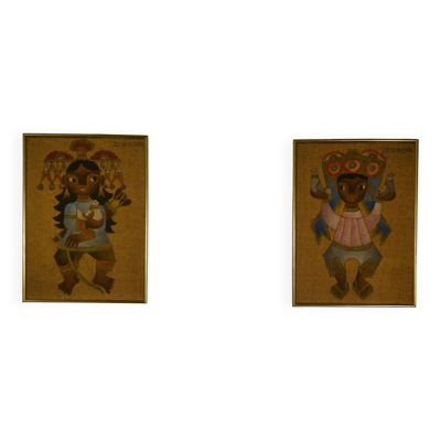 Paire de tableaux sur toile de jute art ethnique, encadrement Trousson et Cie Roubaix, 1970