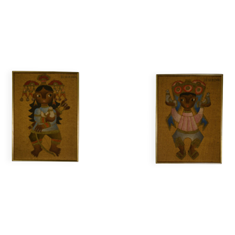 Pair of canvases on jute, ethnic art, framed by Trousson et Cie, Roubaix, 1970s.