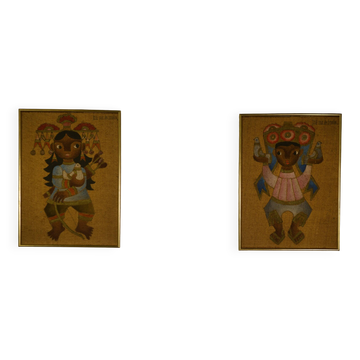 Paire de tableaux sur toile de jute art ethnique, encadrement Trousson et Cie Roubaix, 1970