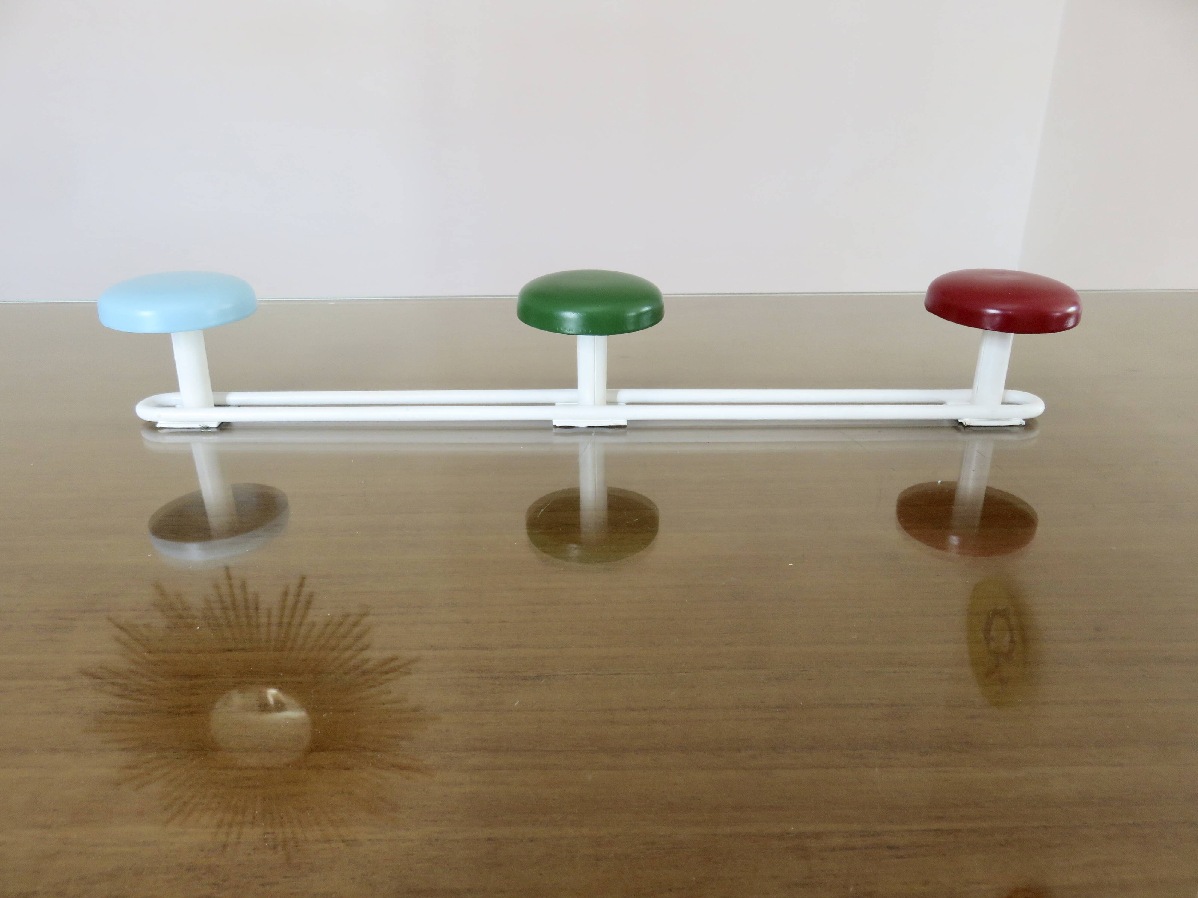 Metal coat rack, 3 colored hooks from the 60s and 70s