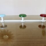 Metal coat rack, 3 colored hooks from the 60s and 70s