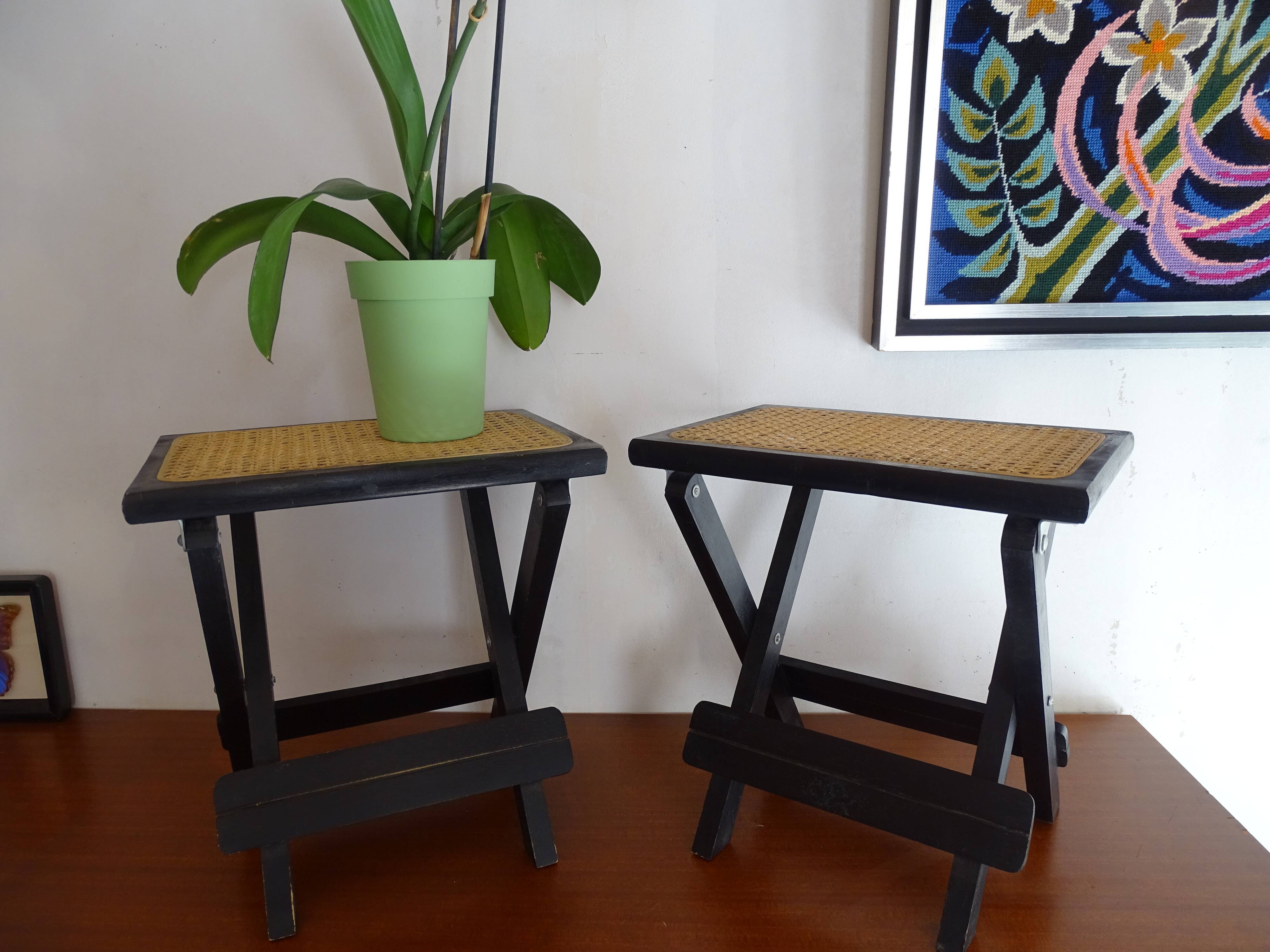 Pair of folding stools wood and wicker