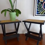 Pair of folding stools wood and wicker