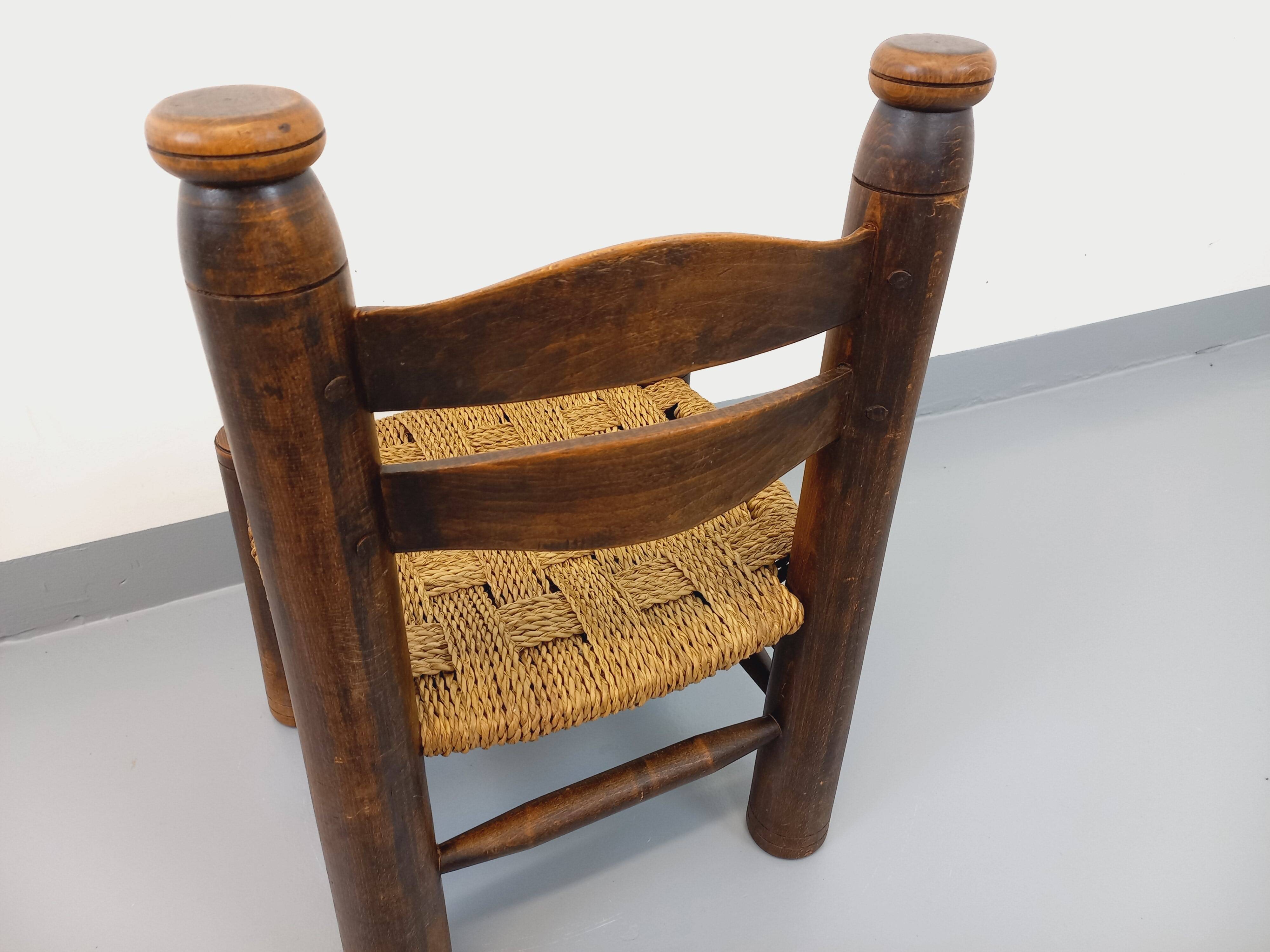 Vintage Charles Dudouyt Brutalist Low Chair in Wood and Straw