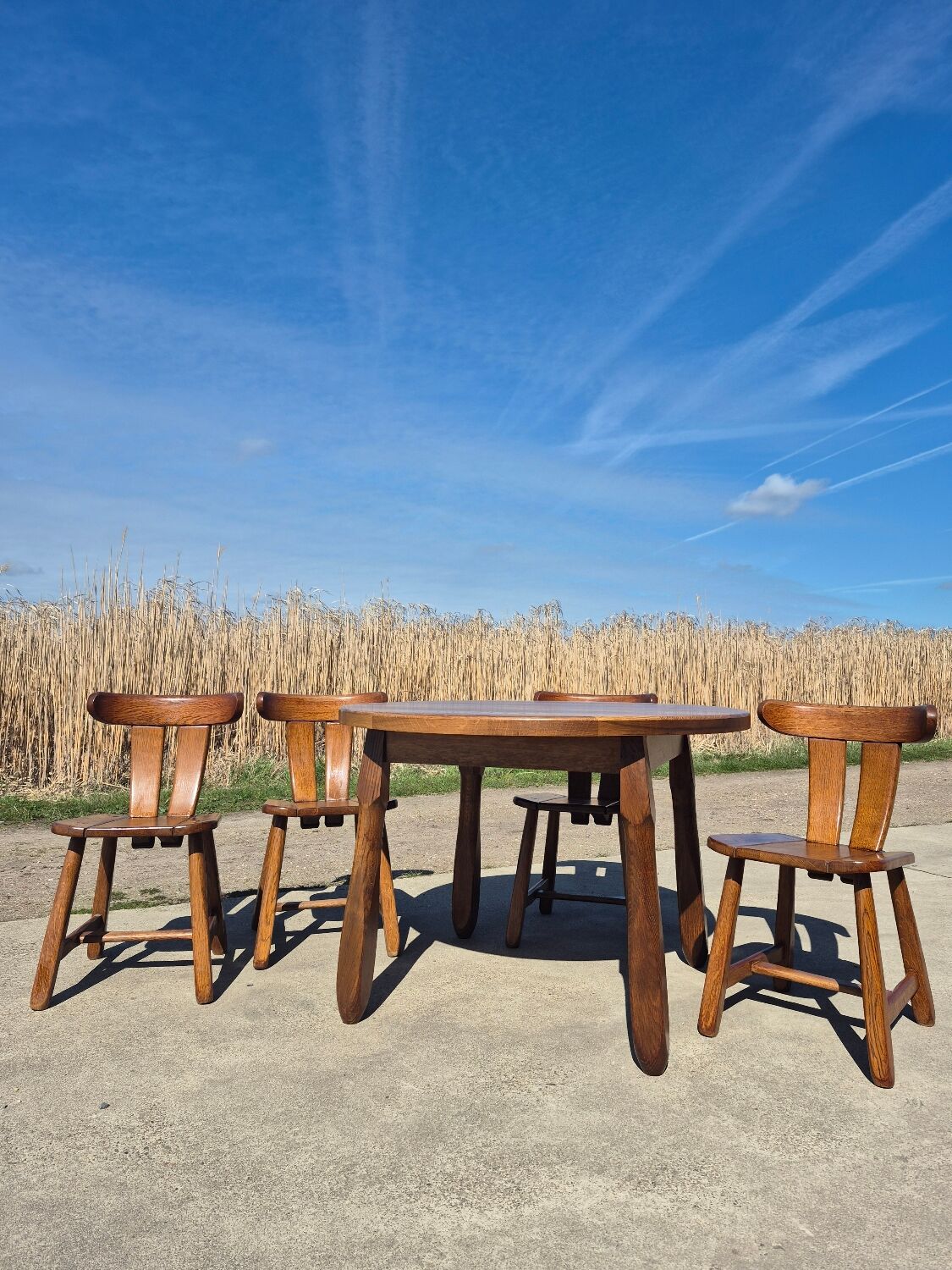 Brutalist set solid oak round dining table 4 chairs Depuydt Belgium