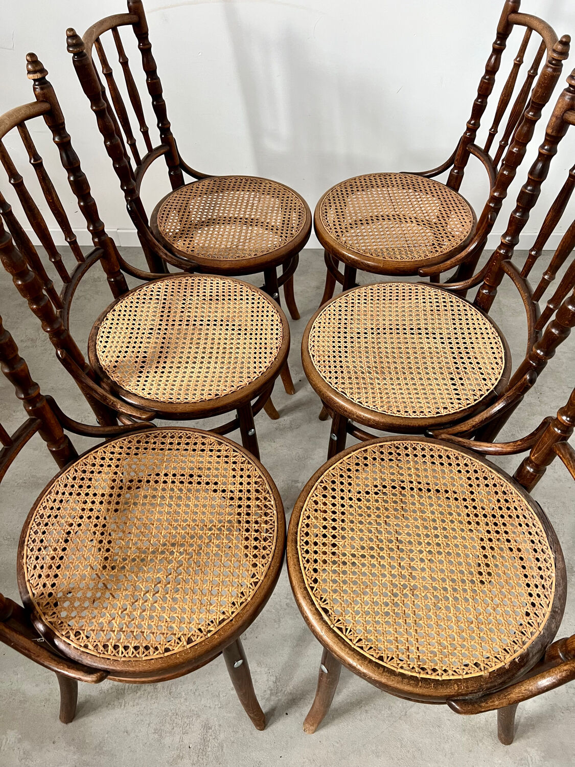Lot 6 old vintage wooden bistro chairs brand Fischel early 20th century
