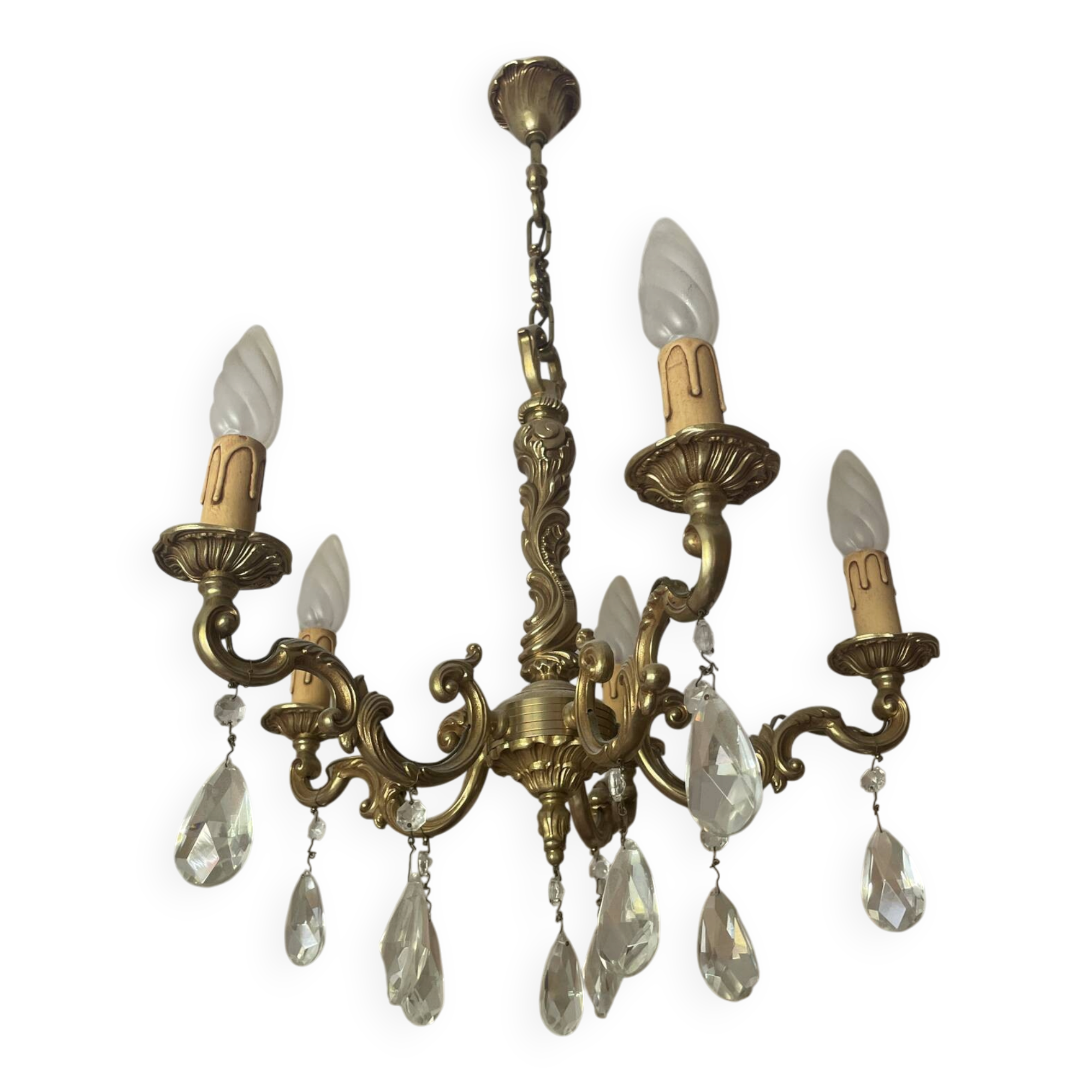 Magnificent bronze chandelier with pendants.