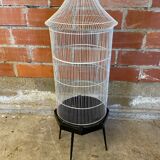 Antique black & white metal bird cage on vintage decorative legs