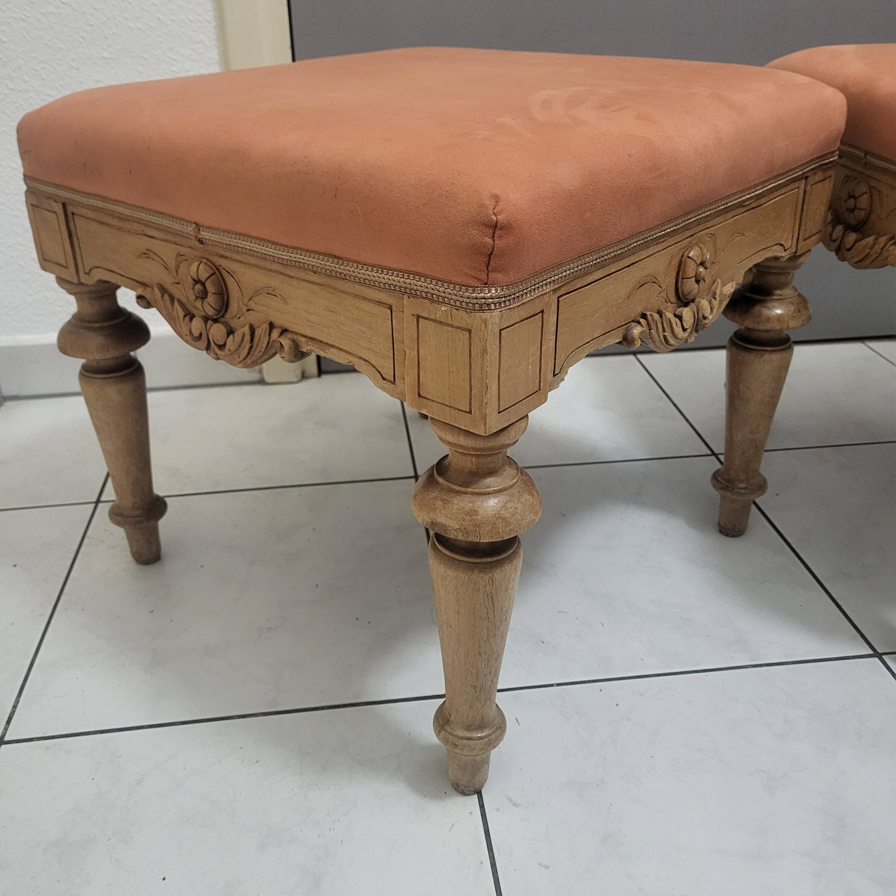 2 stools, poufs, footrests in Louis XVI style, made of wood and suede.