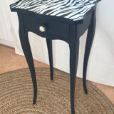 Dark blue zebra bedside table with silver leaf