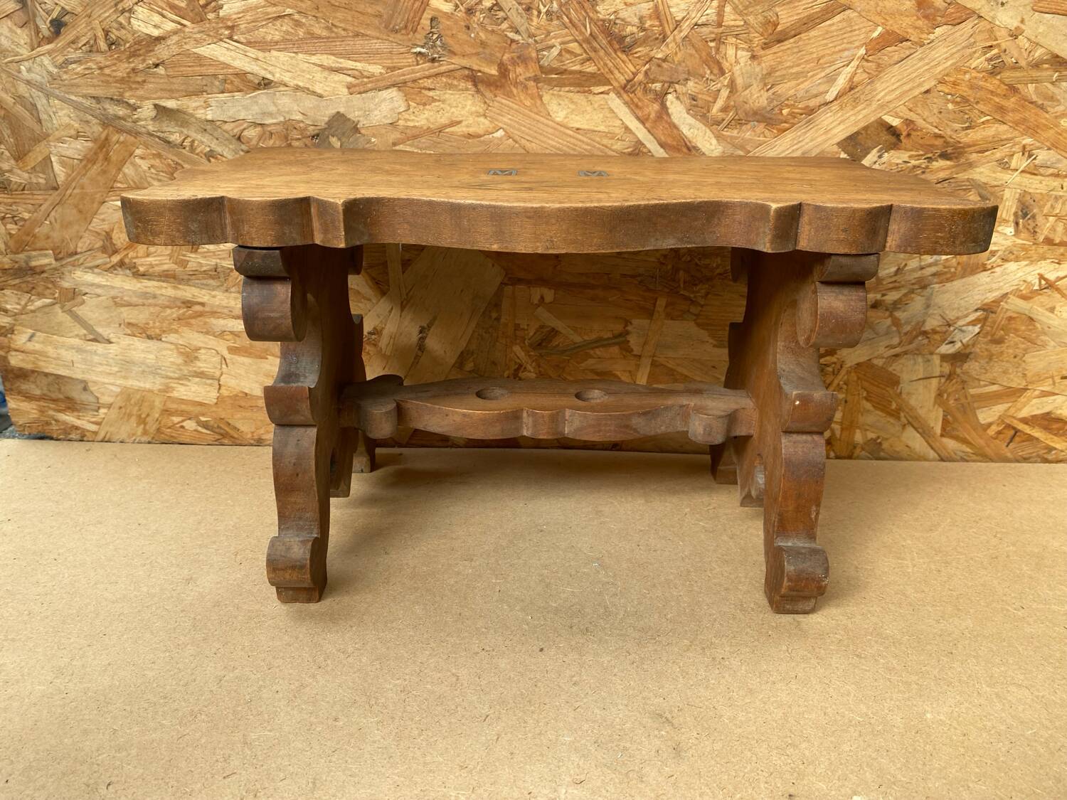 Antique Communion Bench Stool Carved Wood + Metal Monogram Early 20th Century