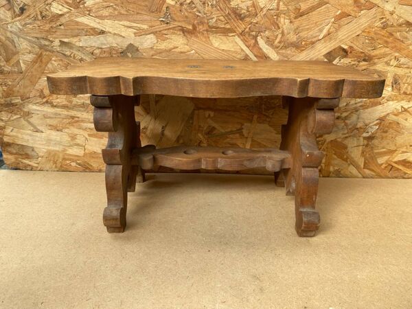 Ancien Tabouret Banc Communion Bois Sculpté + Monogramme Metal Début XXe