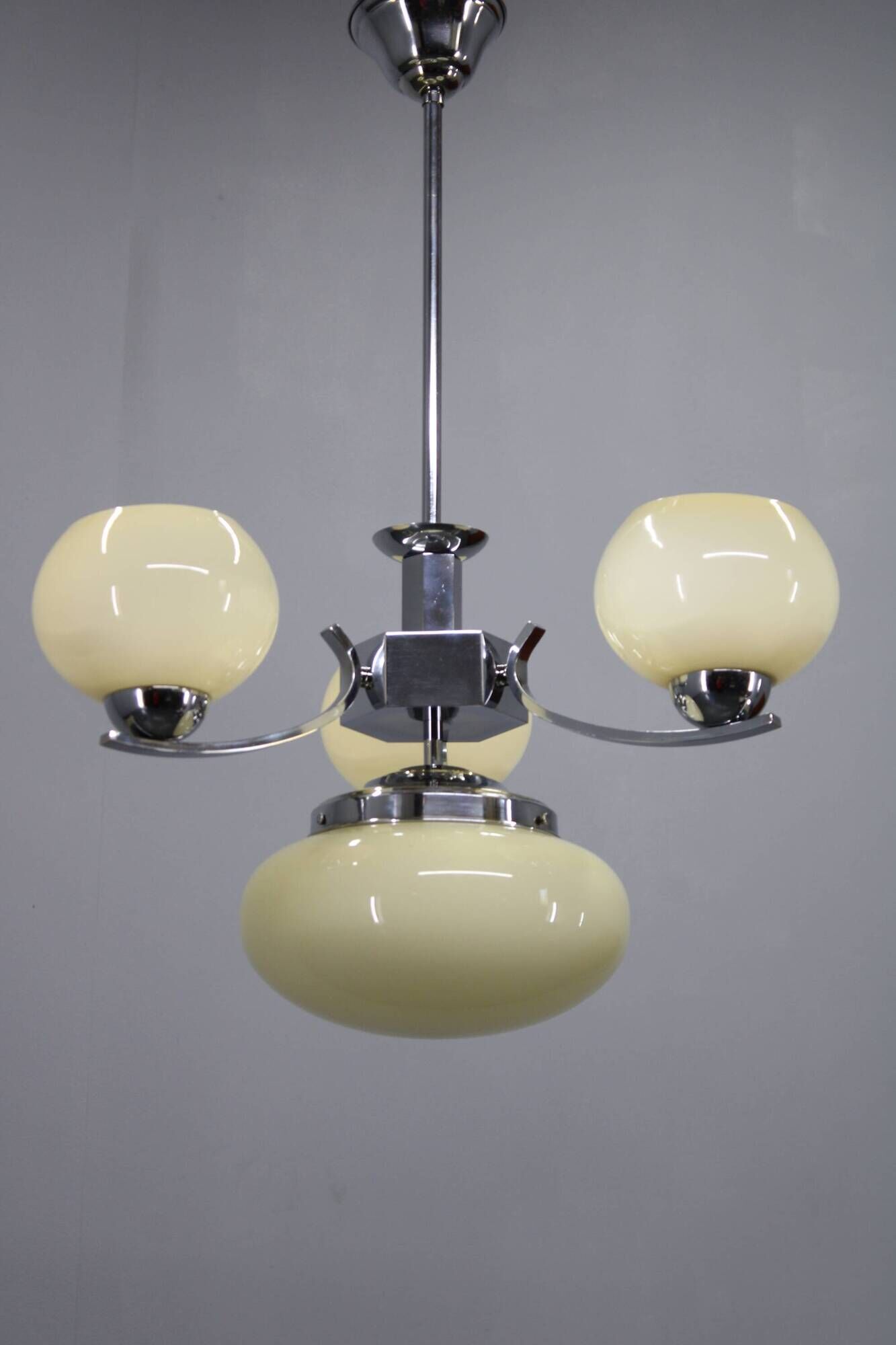Art Deco chandelier, chrome and champagne glass, Czechoslovakia, 1930s