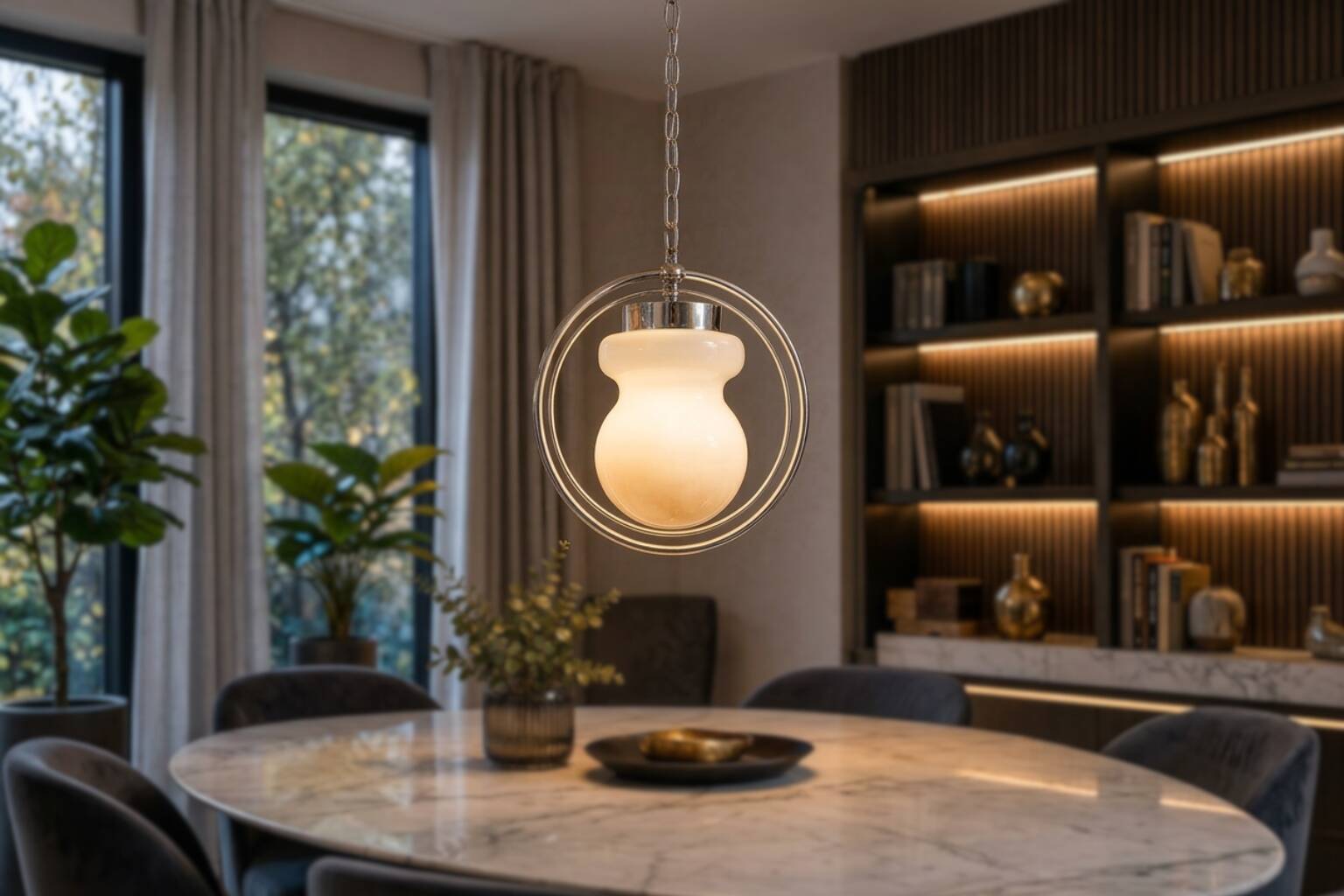 Suspension Vintage Space Age – Design des années 70 – Verre opalin et chrome