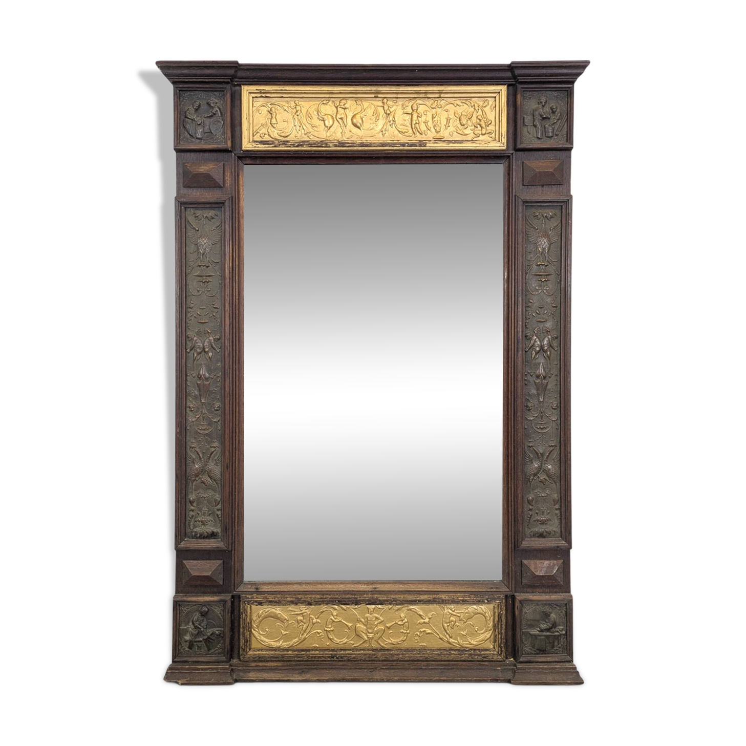 Renaissance-style mirror in wood and copper with a craftsmanship theme.