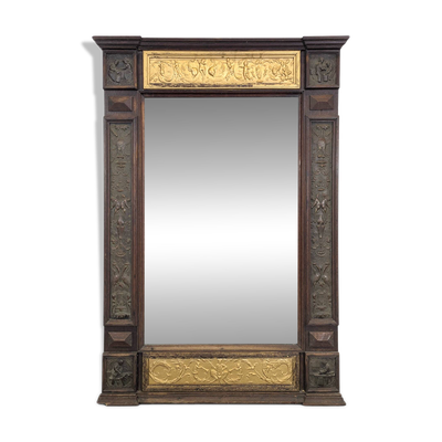 Miroir de style Renaissance bois et cuivre thématique de l'artisanat