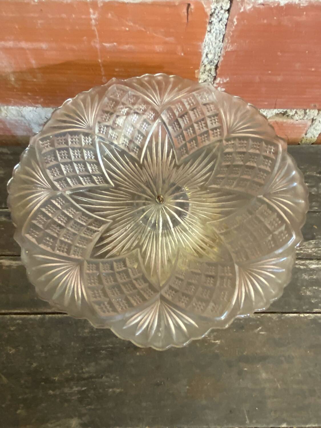 Antique art nouveau fruit bowl moulded glass + golden metal pedestal