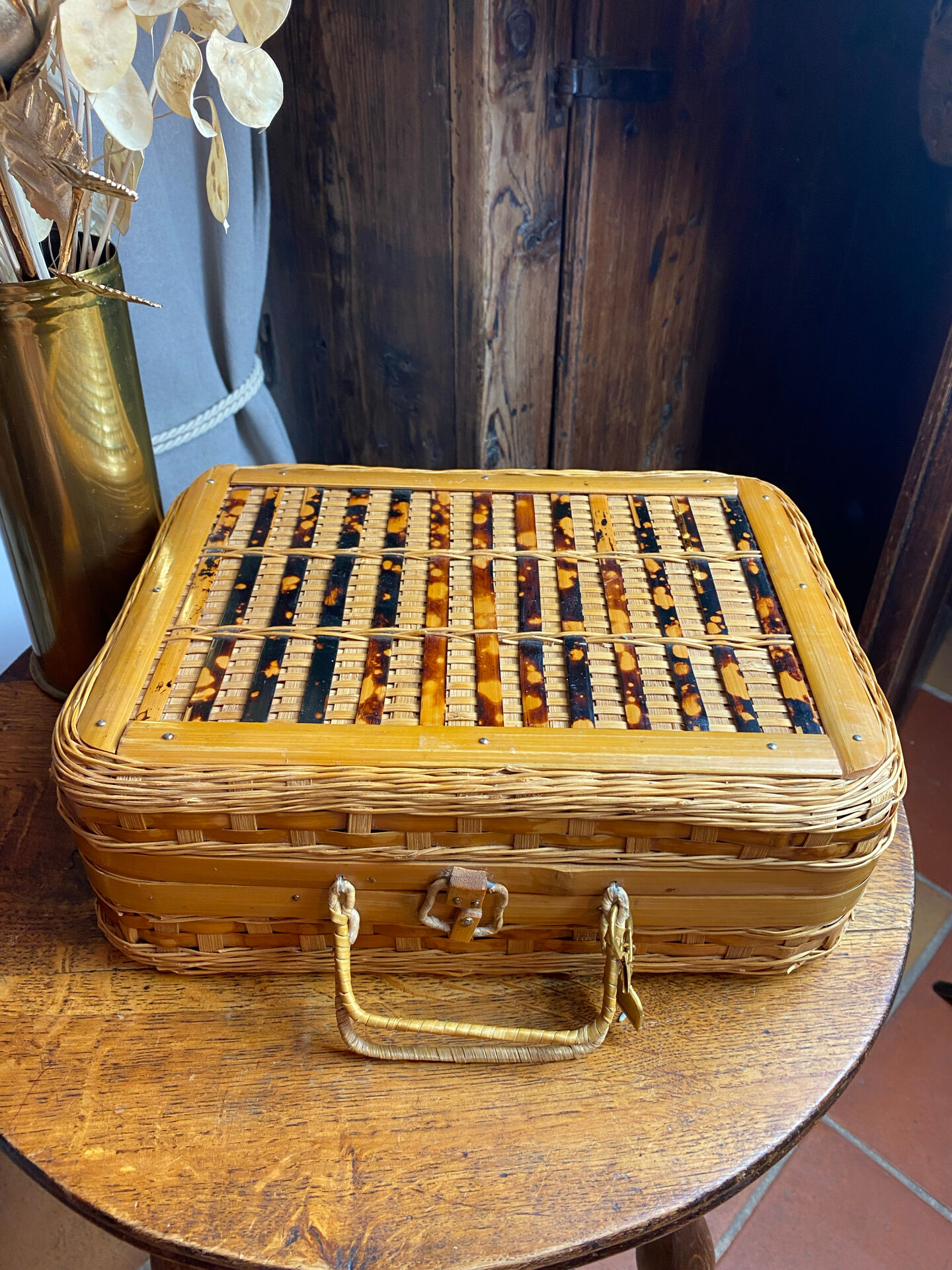 Wicker and wood suitcase