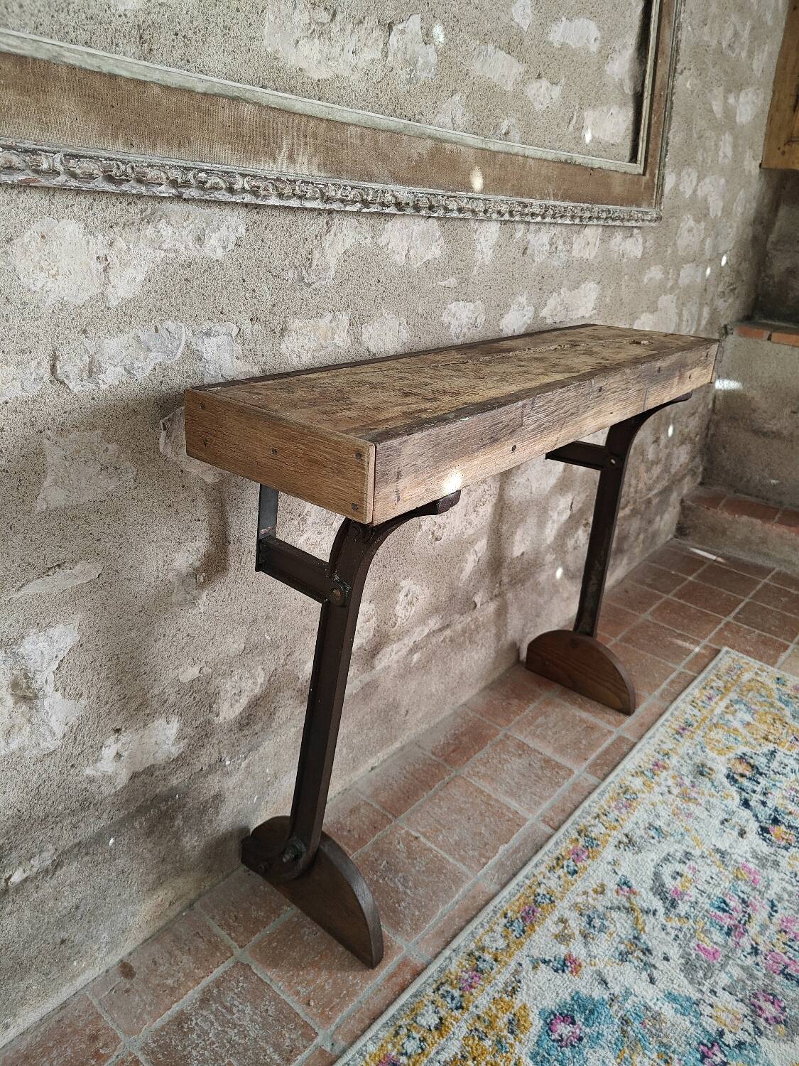 Oak and cast iron console, unique piece.