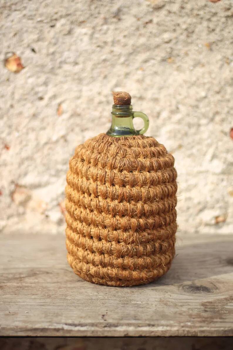 Lady Jeanne bottle, green glass bottle dressed in straw and wicker weaving, jar, vintage decor.