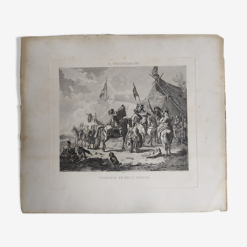 Gravure hollandaise XVIIIème "Cavaliers en Belle Humeur"