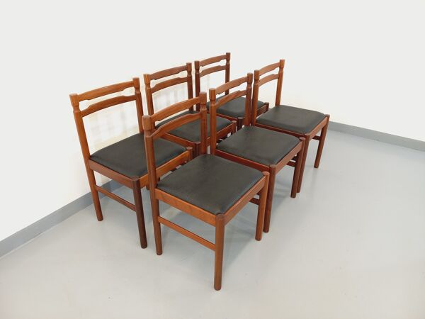 Suite de 6 chaises scandinaves vintage en teck et skai des années 60