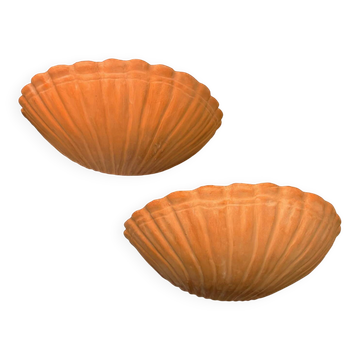 Pair of vintage Italian shell wall sconces, large terracotta sculptures, 1980s
