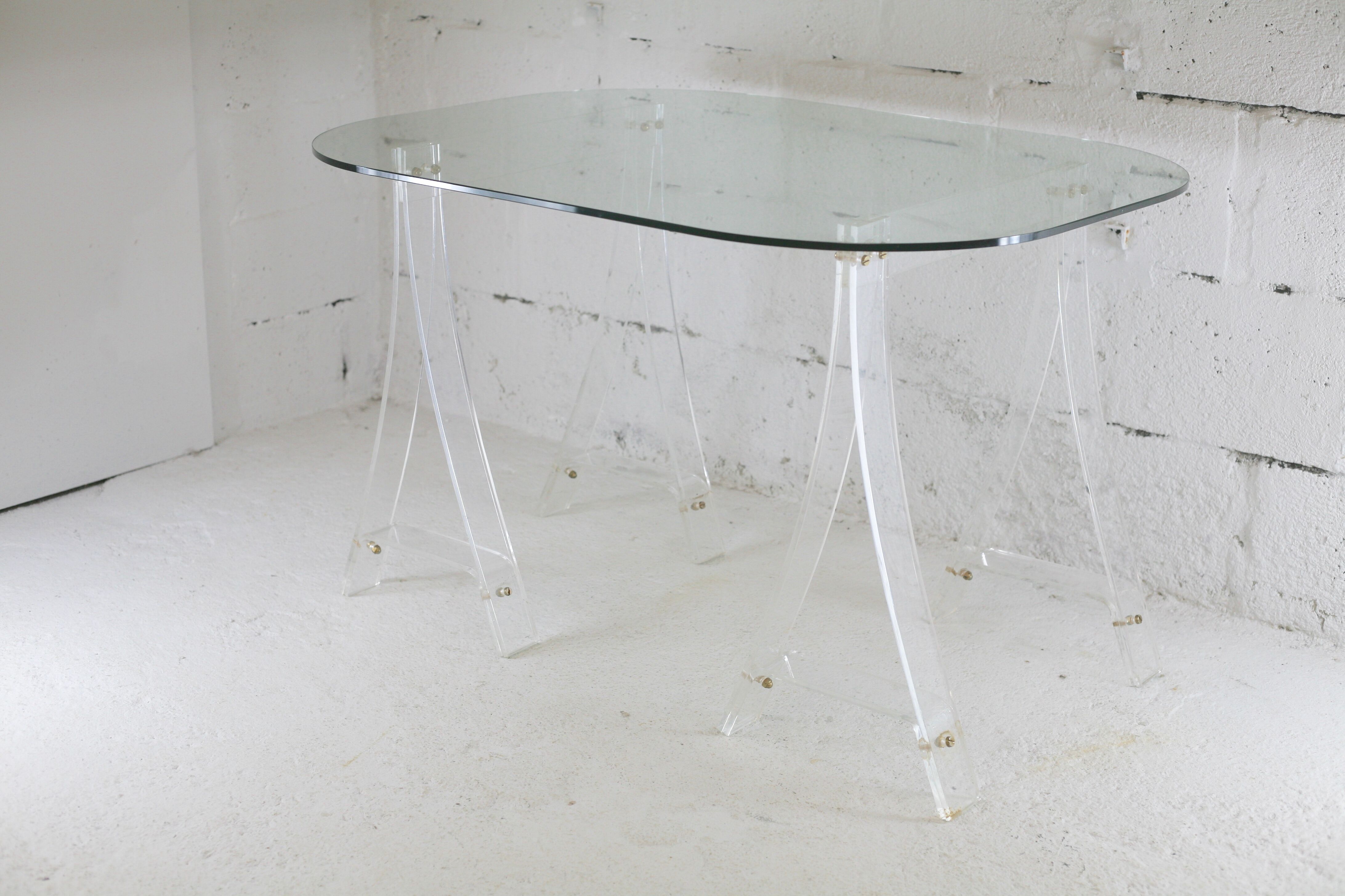Office Plexiglas trestles, glass tray rounded edges, France, circa 1970