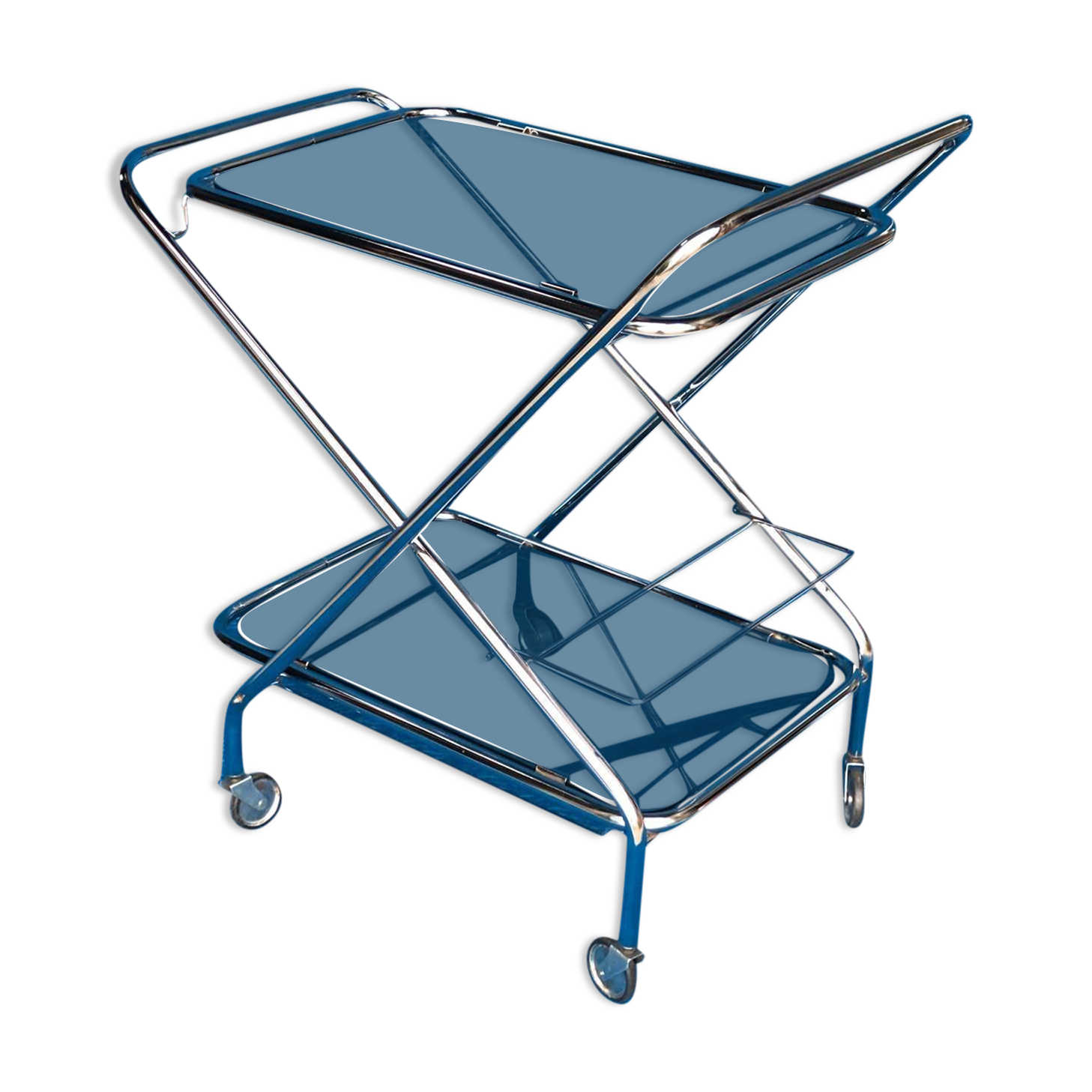 Vintage folding server 1970 with 2 smoked glass trays