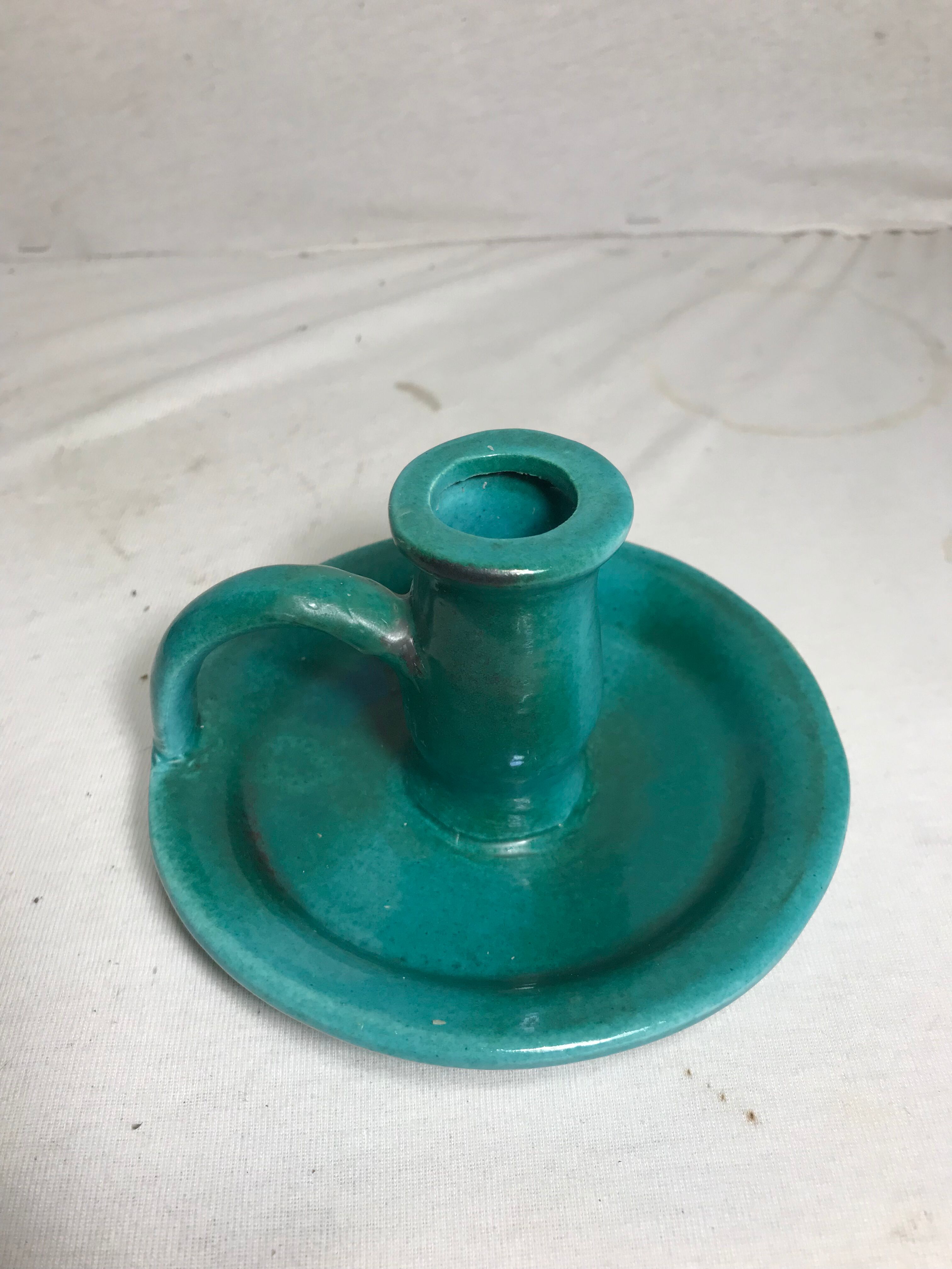 Old caves dieulefit green ceramic + cove vintage candlestick pair