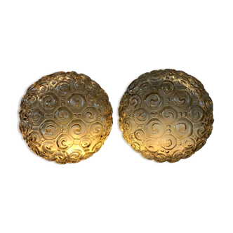 2 snail wall lamps amber glass by Helena Tynell 1960