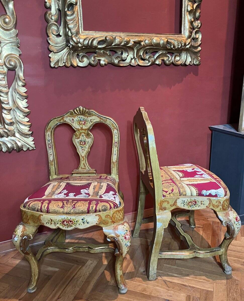 Venetian Lacquered Rococo-Style Armchairs with Hand-Painted Floral Décor and Theater-Inspired Upholstery, Set of 2
