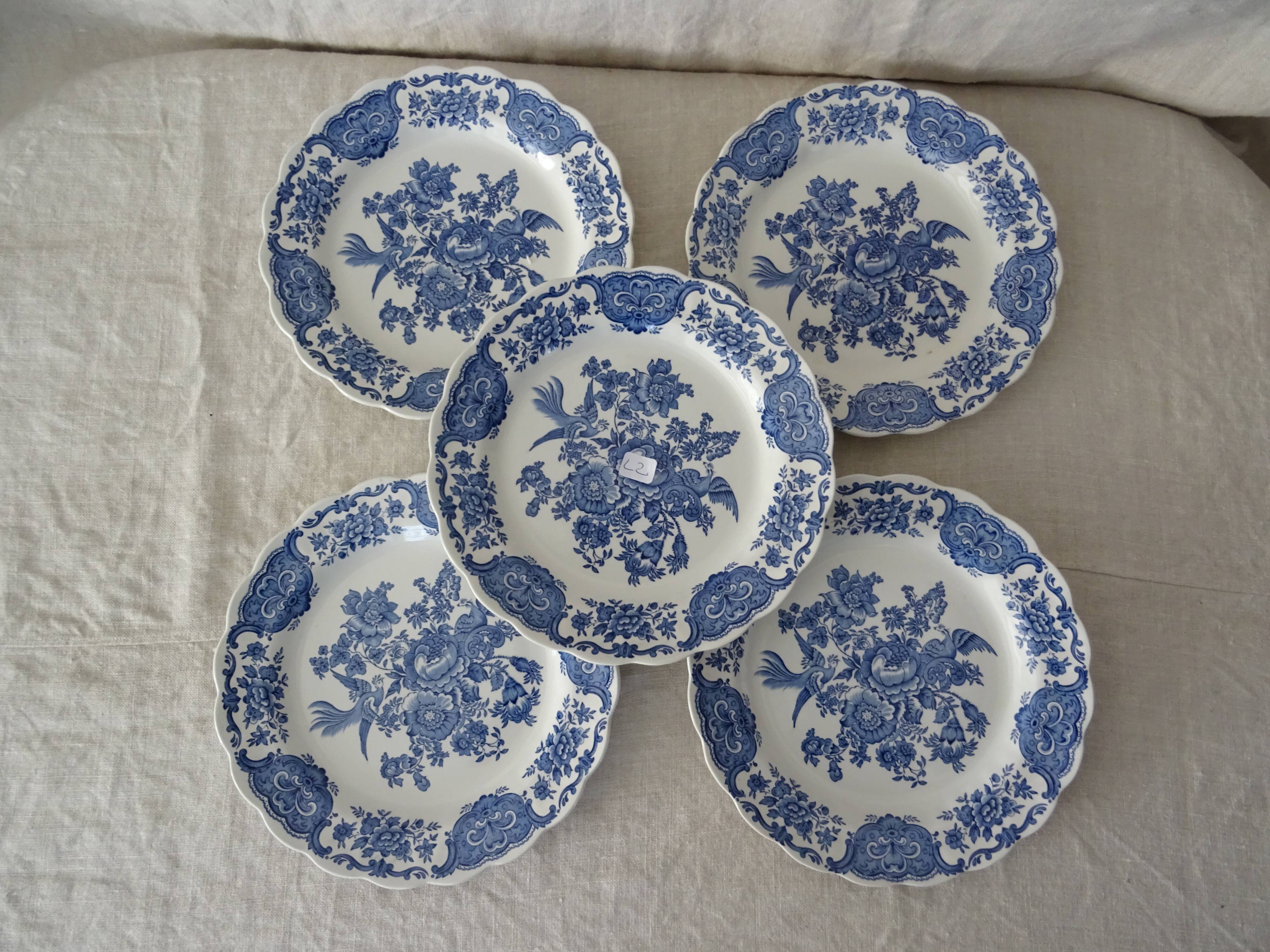 5 flat plates Ridgway Staffordshire Windsor blue bird flower
