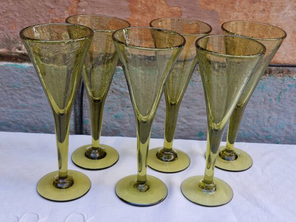 Biot 6 Flutes vintages à champagne ( cocktail ou vin )Verre soufflé, Bullé