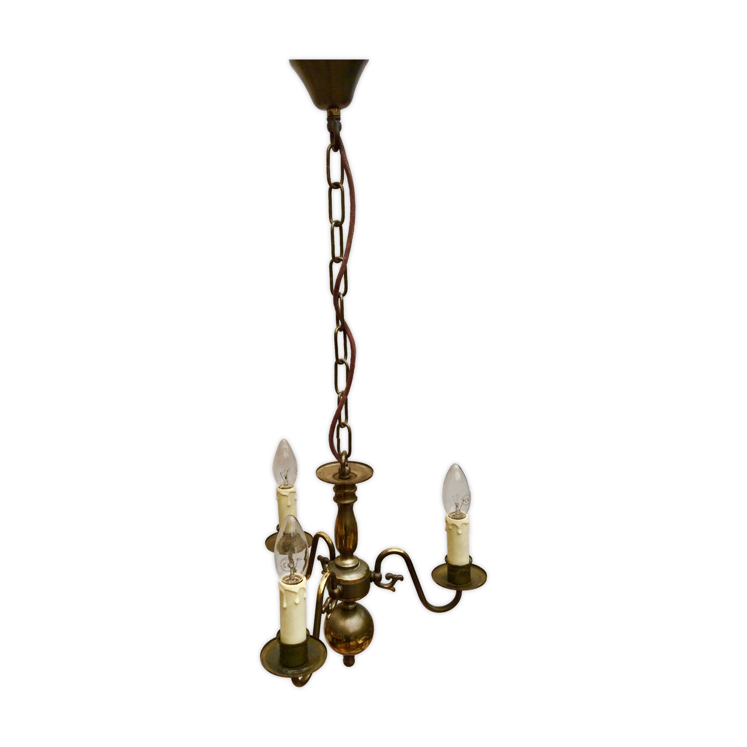 Metal chandelier repainted in copper color with 3 candle-shaped bulbs