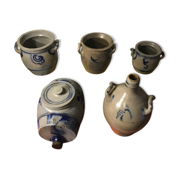 Lot 5 anciens grès bleu 3 pots + carafe + tonneau décoration vintage