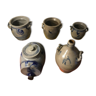 Lot 5 anciens grès bleu 3 pots + carafe + tonneau décoration vintage