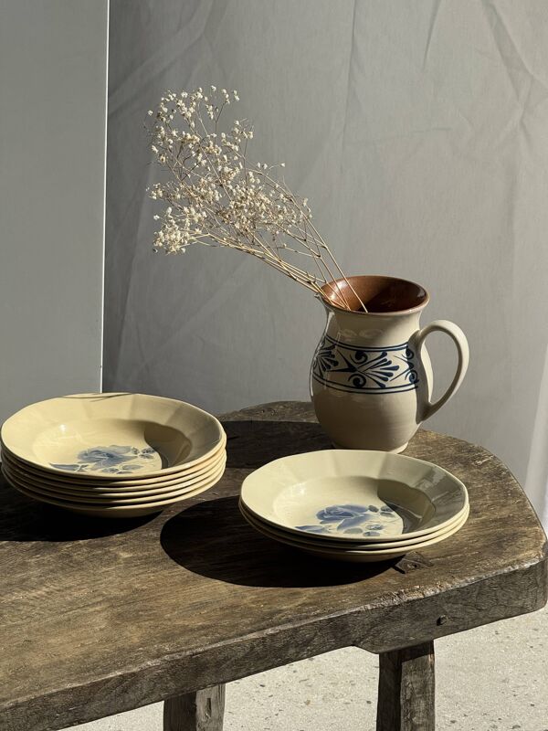 Lot de 12 assiettes creuses beige rose bleue Digoin Sarreguemines anciennes