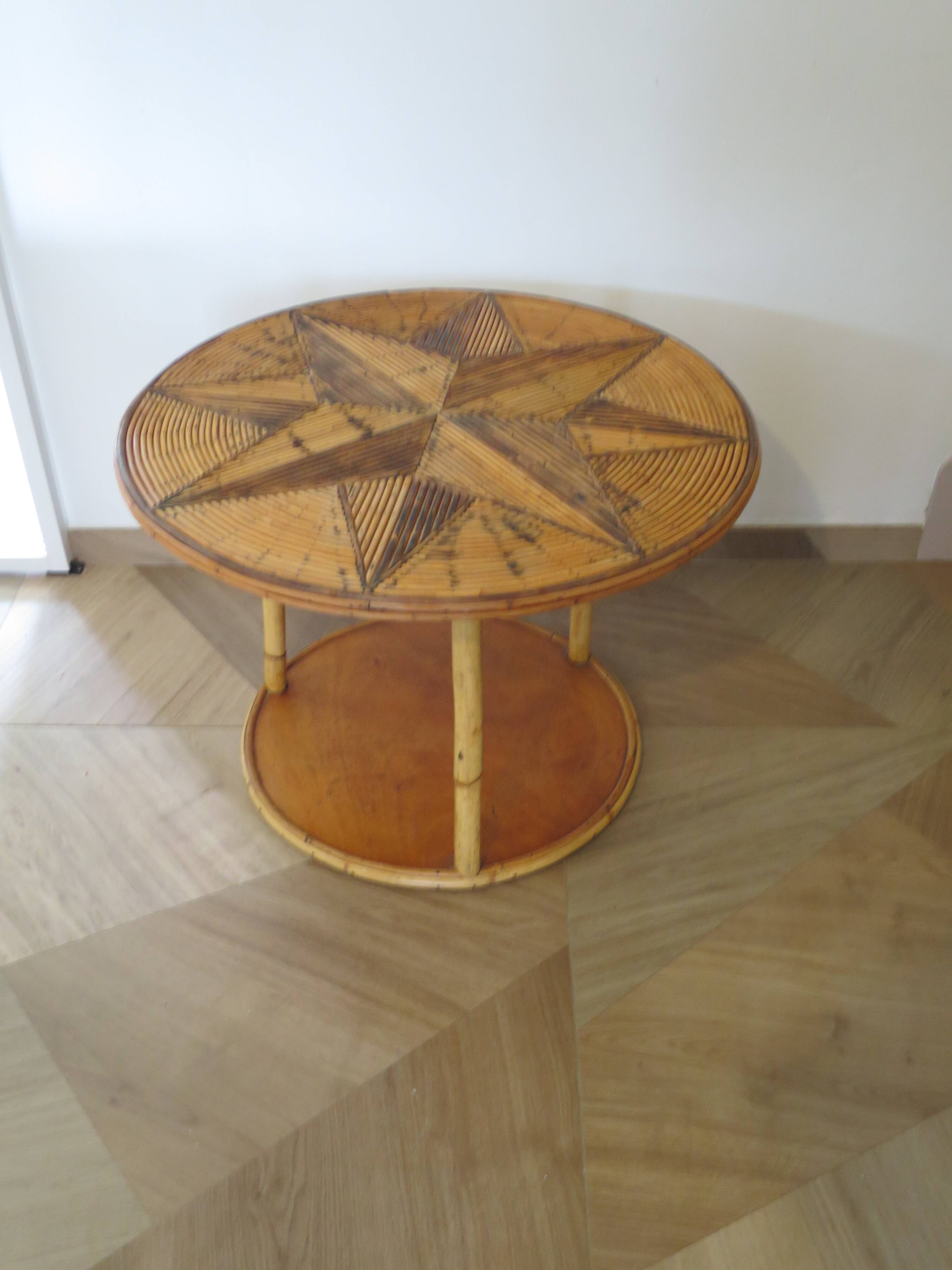 Table basse ronde bambou rotin et bois motif étoile années 80