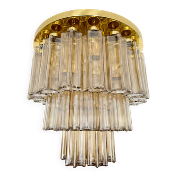 Large Brass and Smoked Glass Chandelier by Glashütte Limburg