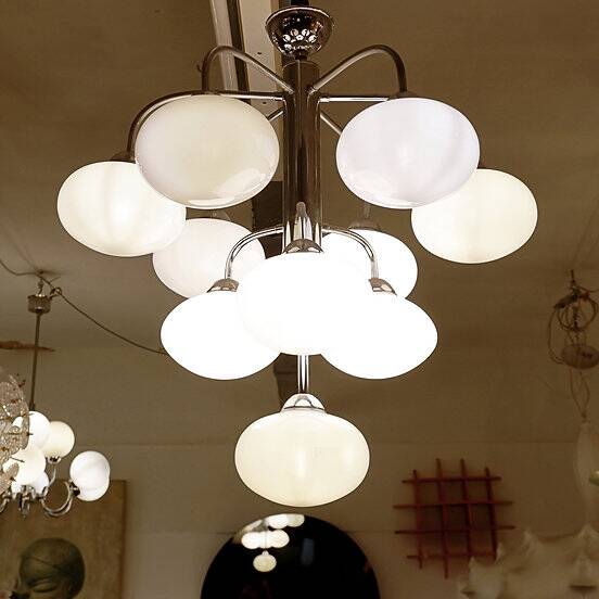 10-light chandelier in opaline and chrome-plated metal, 1960