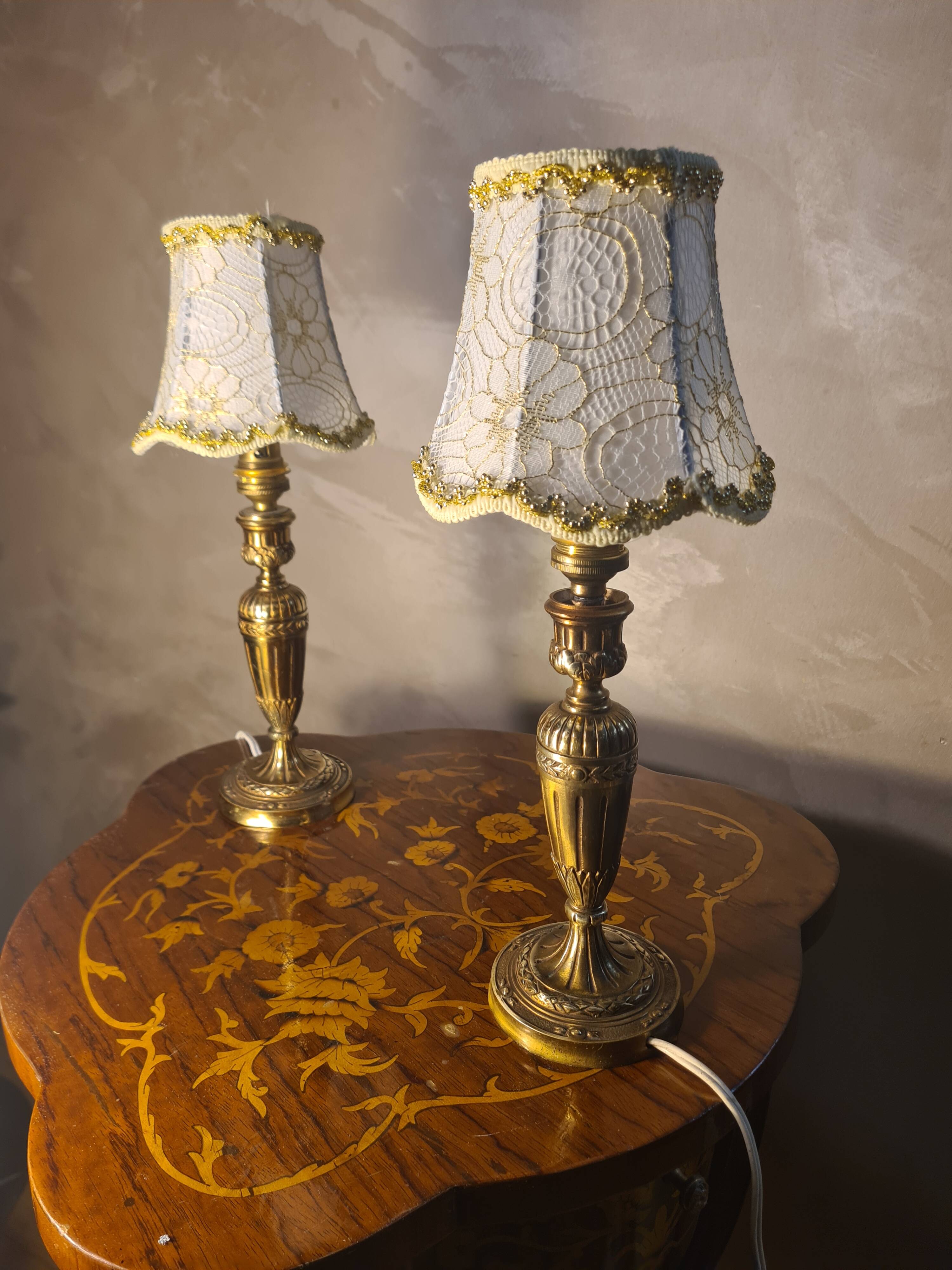 pair of Empire brass bedside lamps 34x14 electric working embroidered lampshade very beautiful