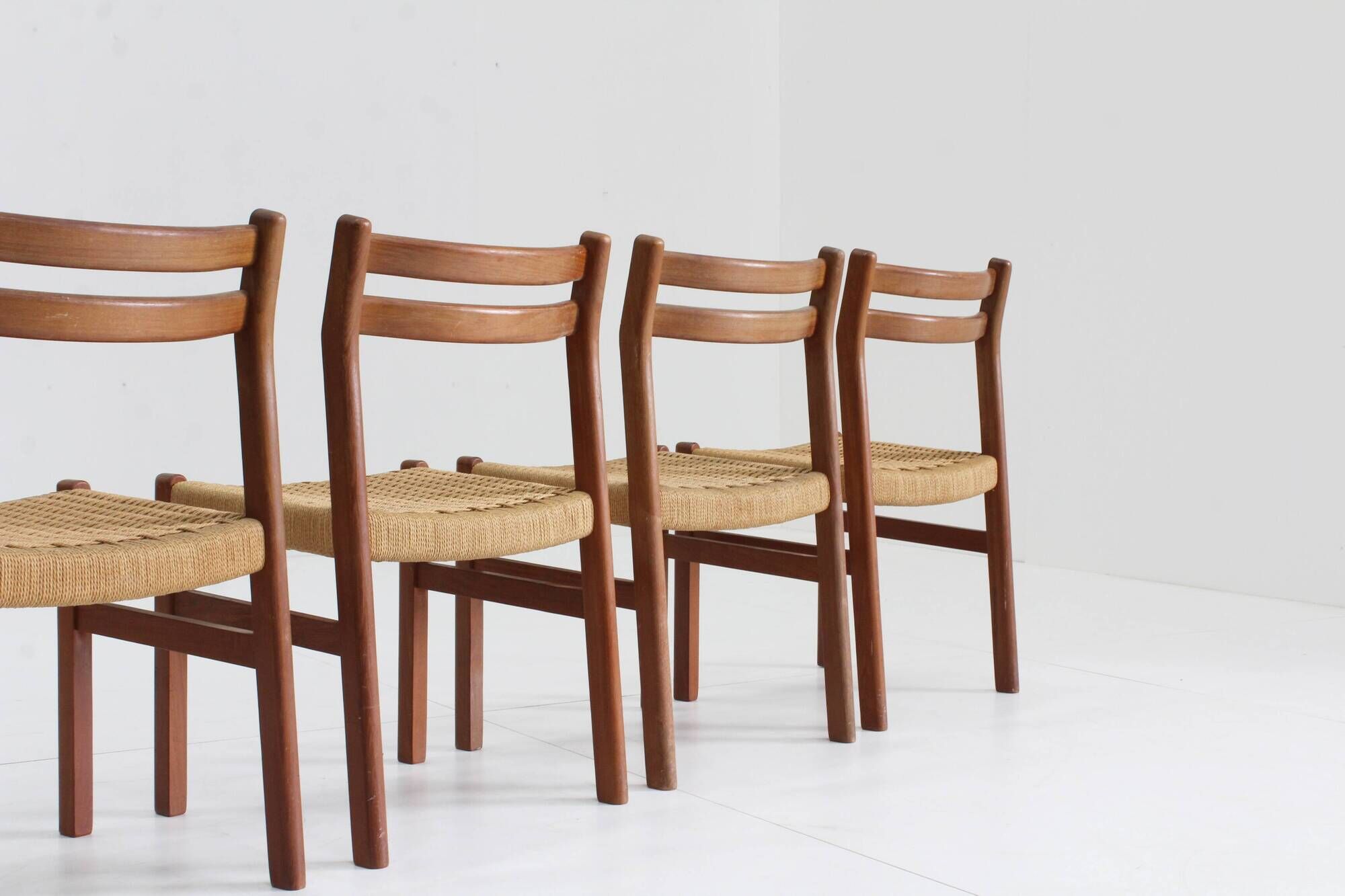 Mid Century Danish teak and paper cord dining chairs 1960s , set of 4