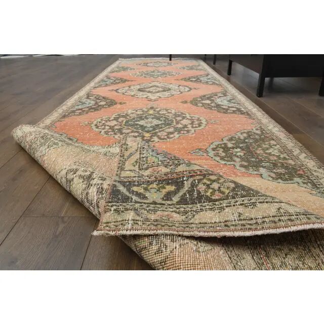 Tapis couloir vintage turc Oushak fait main en laine et coton orange des années 1970 112x402