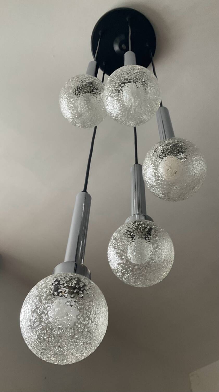 Lustre cascade chrome et verre givré  des années 70