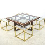 Coffee table with 4 pieces of wooden sofa and gilded brass