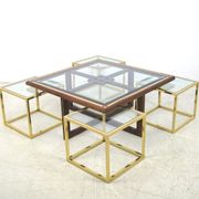 Coffee table with 4 pieces of wooden sofa and gilded brass