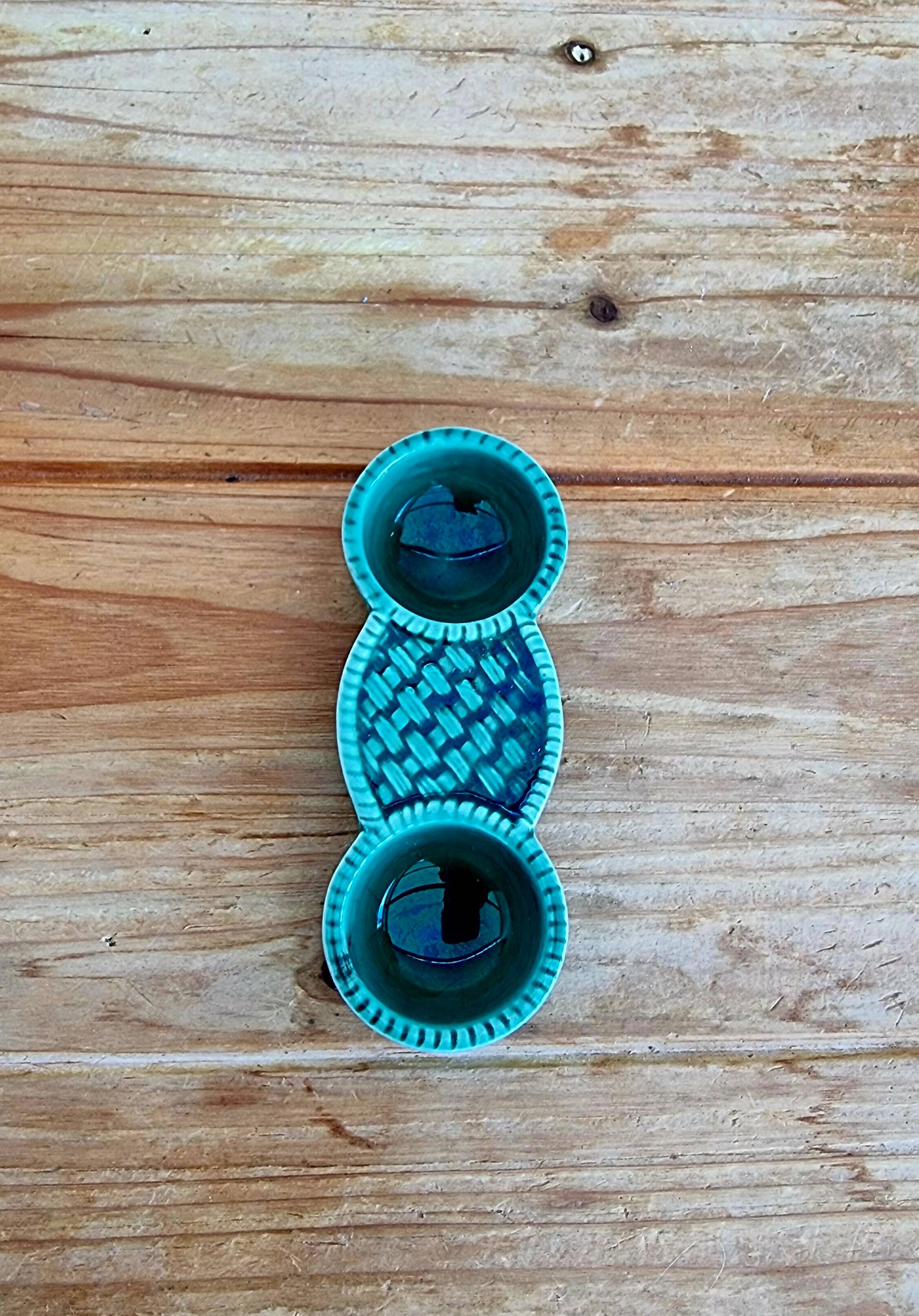 Salière double vintage en céramique vert émaillé 60's