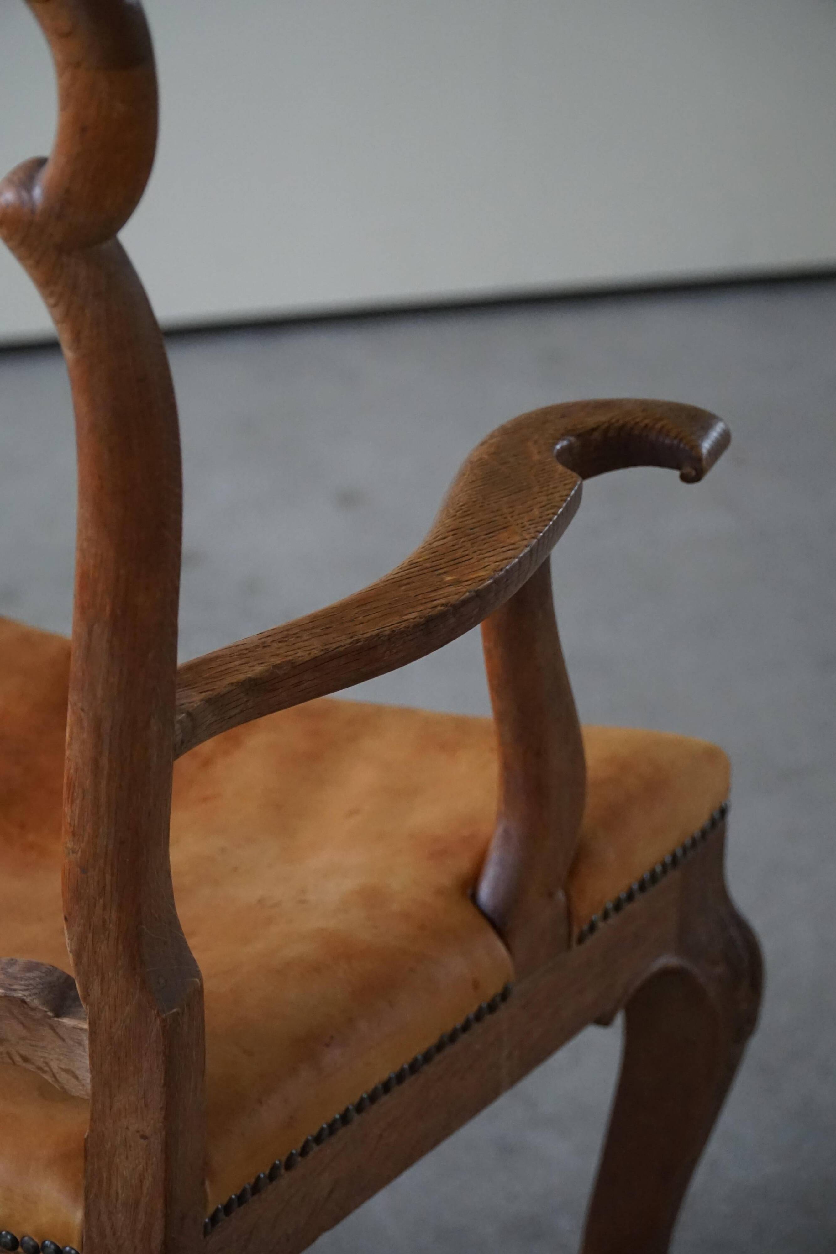 Vintage Sculptural Armchair in Oak and Leather, Danish Modern, 1940s